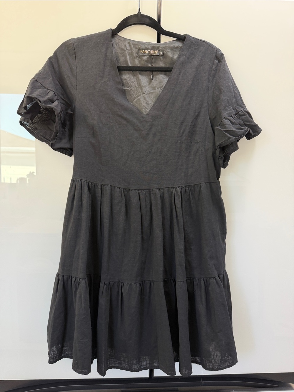 Fancyinn Black V-Neck Tiered Short Sleeve babydoll dress